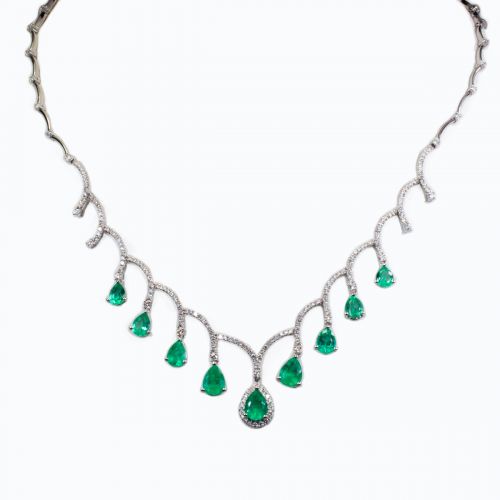 Diamond Accented Natural Emerald Dangling Necklace, 18k White Gold